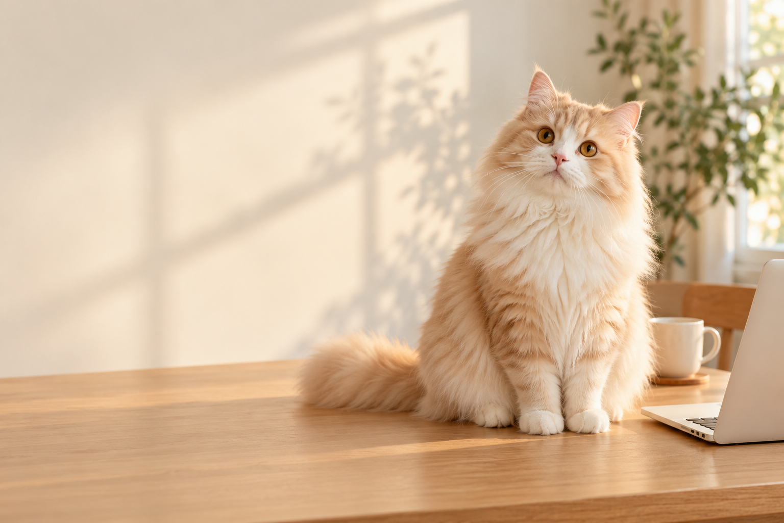 AI生成的通用猫咪示例，在阳光洒落的桌面上；不是用户的宠物结果